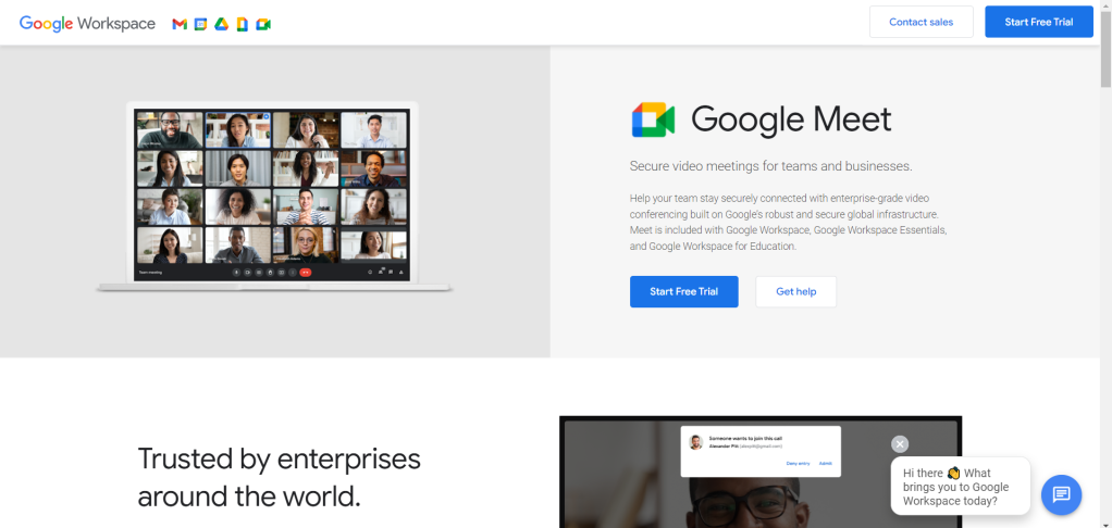 Google Meet page with Free Trial button on the upper right-hand side