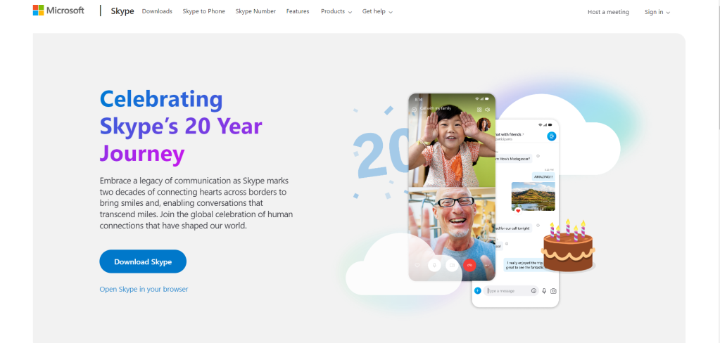 Skype landing page showcasing its 20th year journey and a download button below.