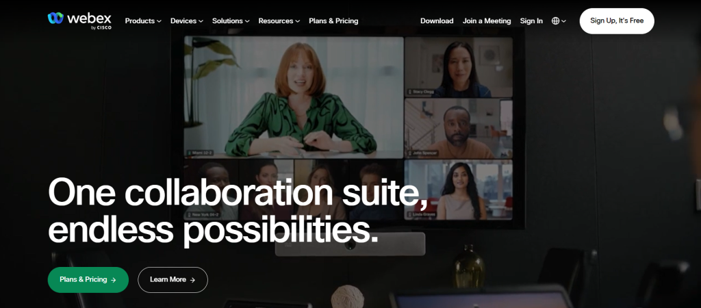 Landing page of Webex with tagline: One collaboration suite, endless possibilities.