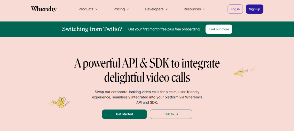 Whereby homepage boasting the app powerful API and SDK integration to video calls.